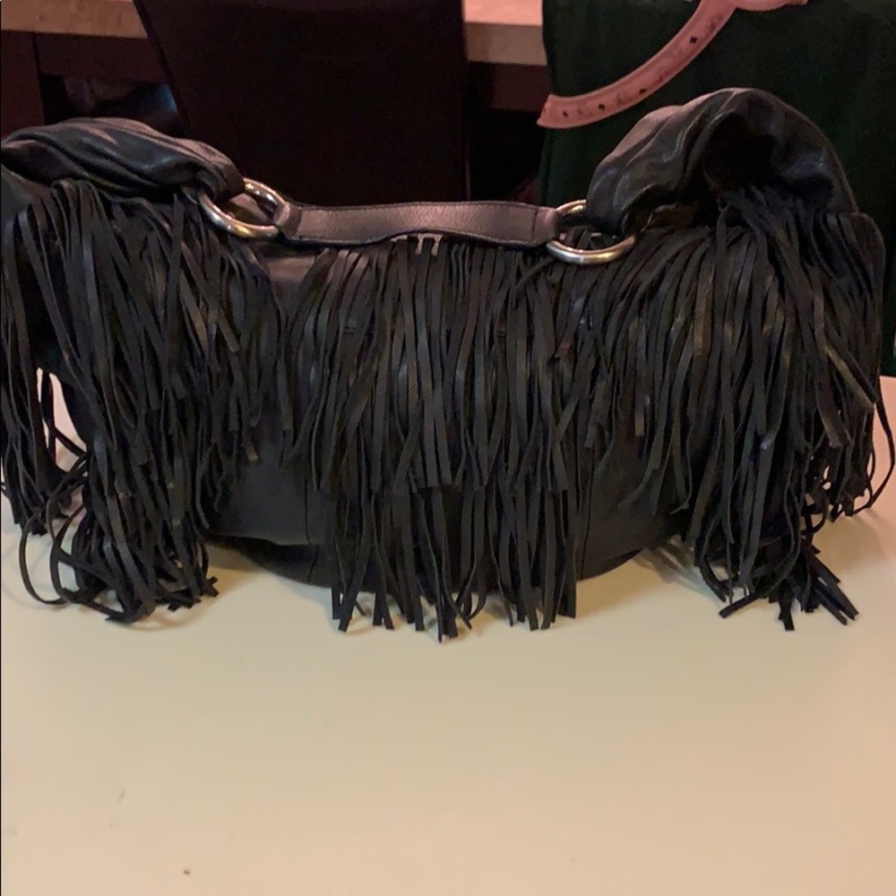 Large black fringed leather Kenneth Cole tote